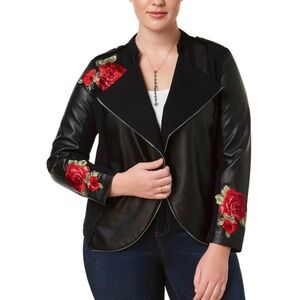 INC International Concepts Black non-Leather Jacket with Red Floral Embroidery